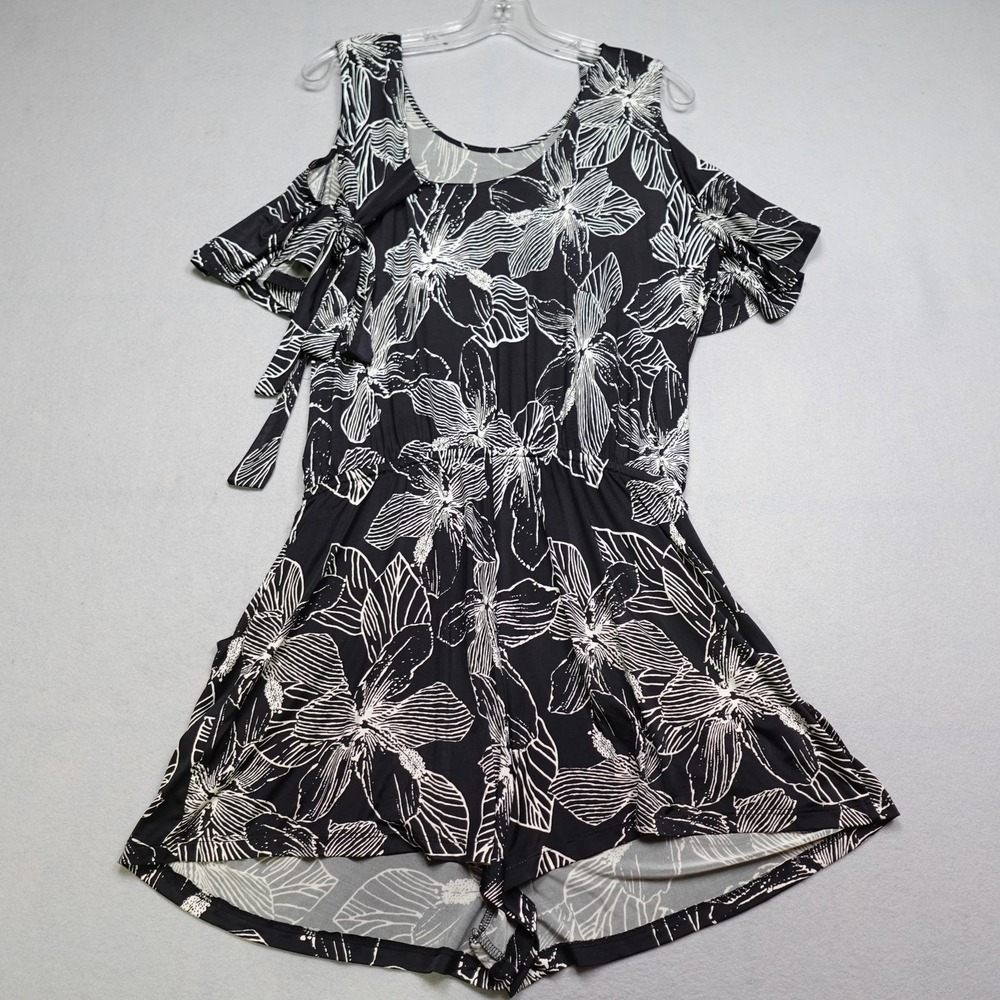 Alison Jay Romper Womens M Black Fit & Flare Cold Shoulder floral Ruffle Summer